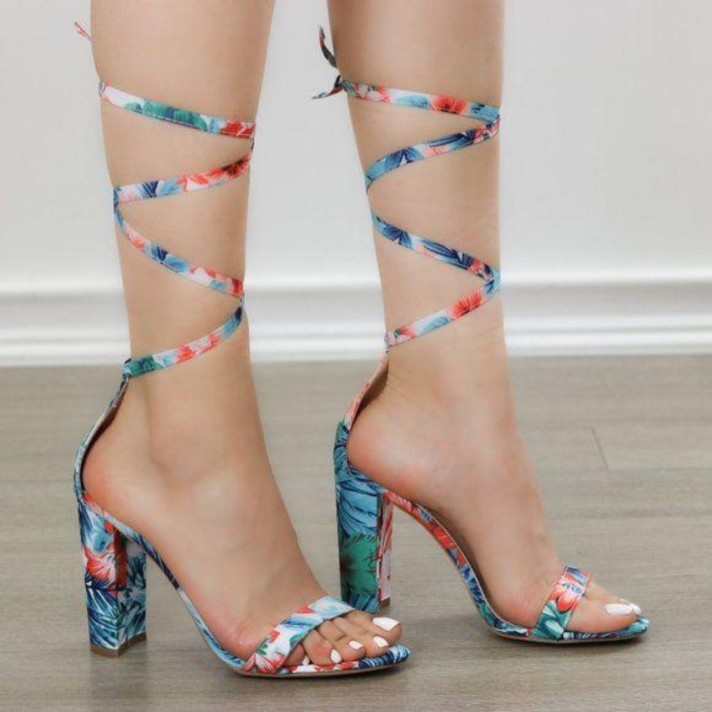 Blue Floral Laced-up Leg Tie, Ankle Strap High Heels Sandals - Picture 2 of 8